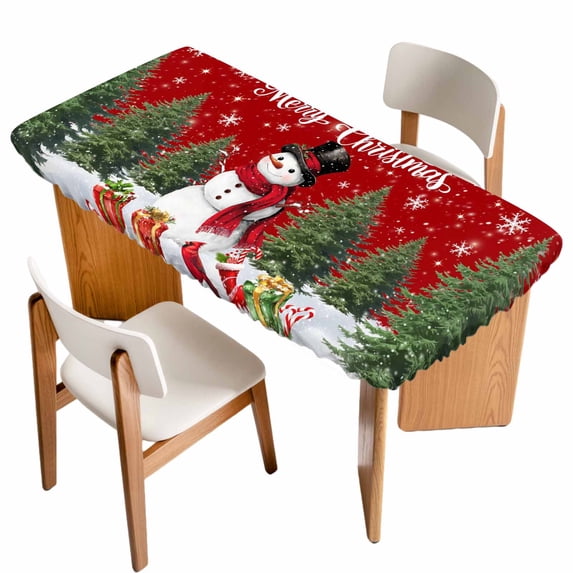 Red Christmas Table Cloths for 3 Foot Rectangle Tables, Snowman Xmas Tree Gifts Snowflake Winter Patio Waterproof Elastic Fitted Tablecloths, Washable Rectangular Table Cover for Camping