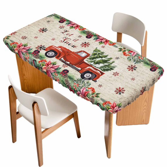 Red Christmas Table Cloths for 3 Foot Rectangle Tables, Truck Xmas Tree Snowflake Winter Vintage Patio Waterproof Elastic Fitted Tablecloths, Washable Rectangular Table Cover for Camping