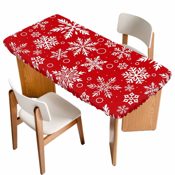 Red Christmas Table Cloths for 3 Foot Rectangle Tables, White Snowflake Merry Christmas Patio Waterproof Elastic Fitted Tablecloths, Washable Rectangular Table Cover for Camping