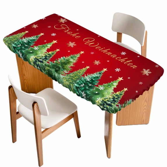 Red Christmas Table Cloths for 3 Foot Rectangle Tables, Winter Xmas Trees Snowflake Holiday Patio Waterproof Elastic Fitted Tablecloths, Washable Rectangular Table Cover for Camping