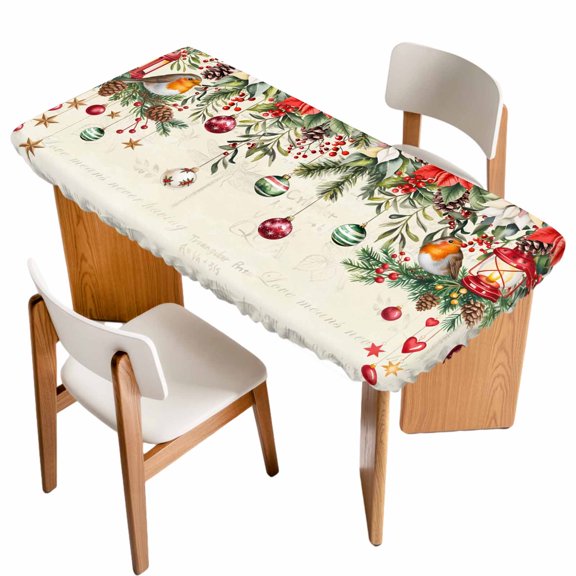 Red Christmas Table Cloths for 3 Foot Rectangle Tables, Xams Tree Winter Poinsettia Pine Cones Farmhouse Patio Waterproof Elastic Fitted Tablecloths, Washable Rectangular Table Cover for Camping