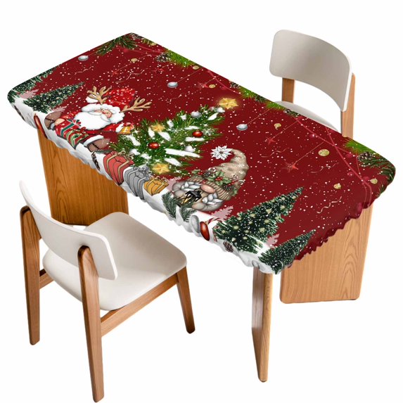 Red Christmas Table Cloths for 4 Foot Rectangle Tables, Gnomes Xmas Tree Snowflake Winter Gifts Patio Waterproof Elastic Fitted Tablecloths, Washable Rectangular Table Cover for Camping