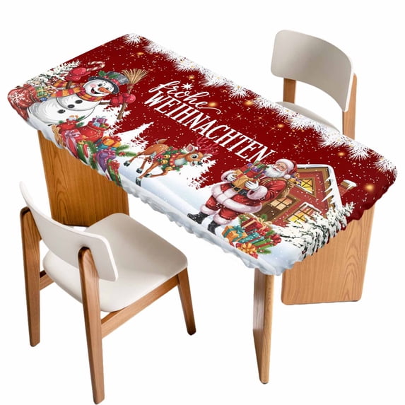Red Christmas Table Cloths for 4 Foot Rectangle Tables, Santa Snowman Snowflake Gifts Elk Patio Waterproof Elastic Fitted Tablecloths, Washable Rectangular Table Cover for Camping