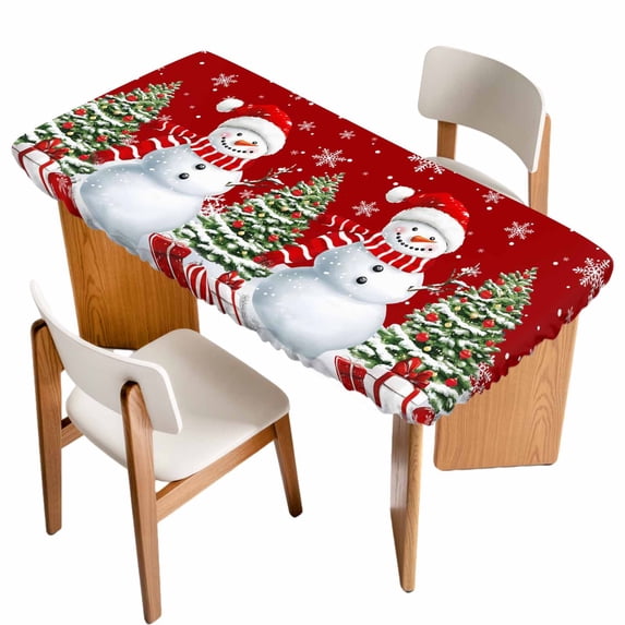 Red Christmas Table Cloths for 4 Foot Rectangle Tables, Snowman Snowflake Xmas Tree Gifts Patio Waterproof Elastic Fitted Tablecloths, Washable Rectangular Table Cover for Camping