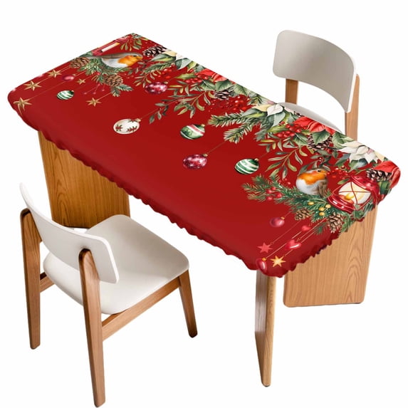 Red Christmas Table Cloths for 4 Foot Rectangle Tables, Xams Tree Winter Poinsettia Pine Cones Patio Waterproof Elastic Fitted Tablecloths, Washable Rectangular Table Cover for Camping