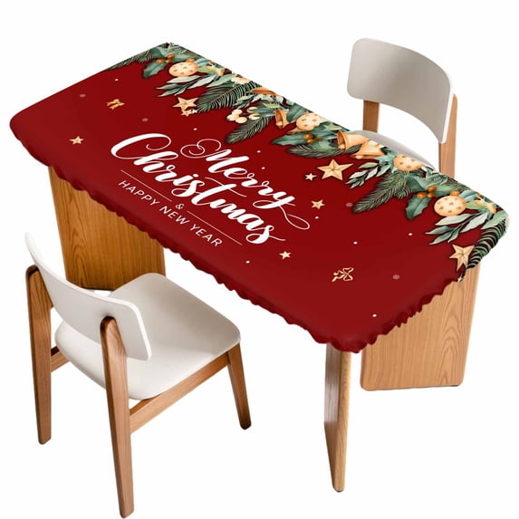 Red Christmas Table Cloths for 4 Foot Rectangle Tables, Xmas Botanical Ball Bell Patio Waterproof Elastic Fitted Tablecloths, Washable Rectangular Table Cover for Camping