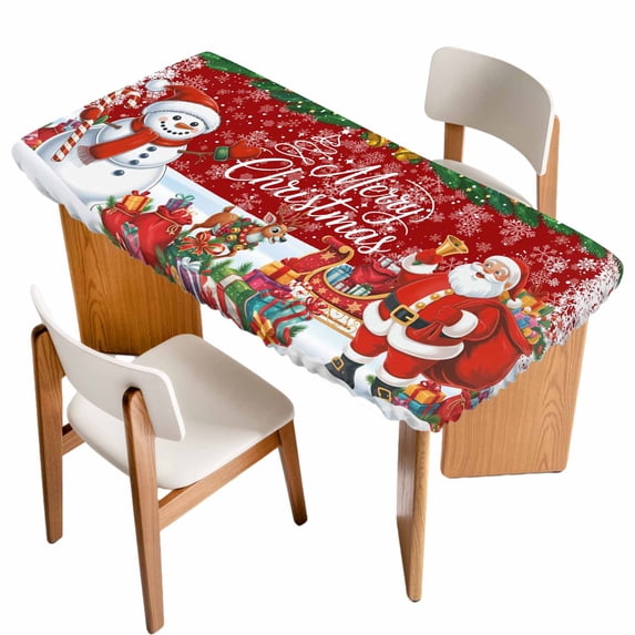 Red Christmas Table Cloths for 4 Foot Rectangle Tables, Xmas Snowman Santa Elk Winter Snowflake Patio Waterproof Elastic Fitted Tablecloths, Washable Rectangular Table Cover for Camping