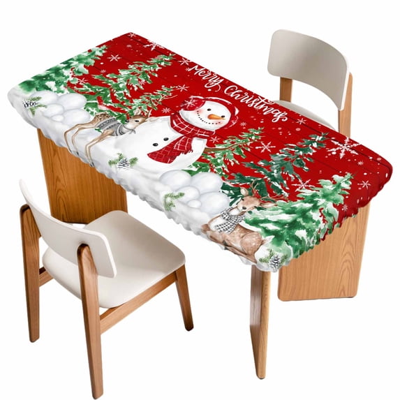 Red Christmas Table Cloths for 4 Foot Rectangle Tables, Xmas Trees Snowman Elk Snowflake Patio Waterproof Elastic Fitted Tablecloths, Washable Rectangular Table Cover for Camping