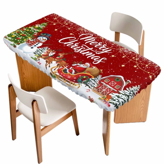 Red Christmas Table Cloths for 5 Foot Rectangle Tables, Santa Snowman Snowflake Elk Xmas Tree Winter Patio Waterproof Elastic Fitted Tablecloths, Washable Rectangular Table Cover for Camping