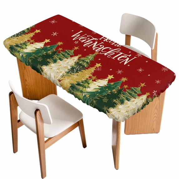 Red Christmas Table Cloths for 5 Foot Rectangle Tables, Xmas Tree Snowflake Winter Farmhouse Patio Waterproof Elastic Fitted Tablecloths, Washable Rectangular Table Cover for Camping