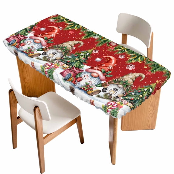 Red Christmas Table Cloths for 6 Foot Rectangle Tables, Gnomes Xmas Tree Snowflake Gifts Patio Waterproof Elastic Fitted Tablecloths, Washable Rectangular Table Cover for Camping