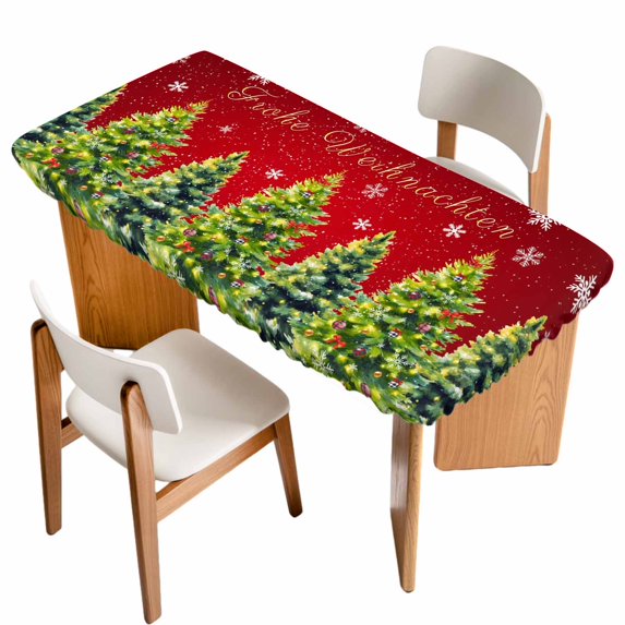 Red Christmas Table Cloths for 6 Foot Rectangle Tables, Green Xmas Tree Snowflake Winter Patio Waterproof Elastic Fitted Tablecloths, Washable Rectangular Table Cover for Camping