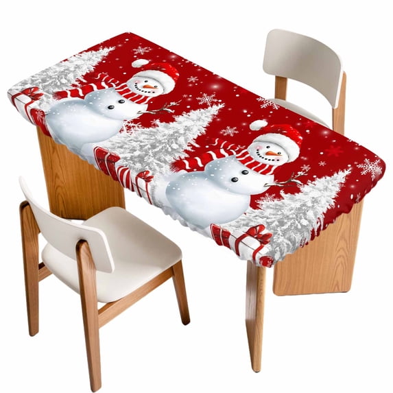 Red Christmas Table Cloths for 6 Foot Rectangle Tables, Snowman Snowflake Gifts Xmas Tree Patio Waterproof Elastic Fitted Tablecloths, Washable Rectangular Table Cover for Camping