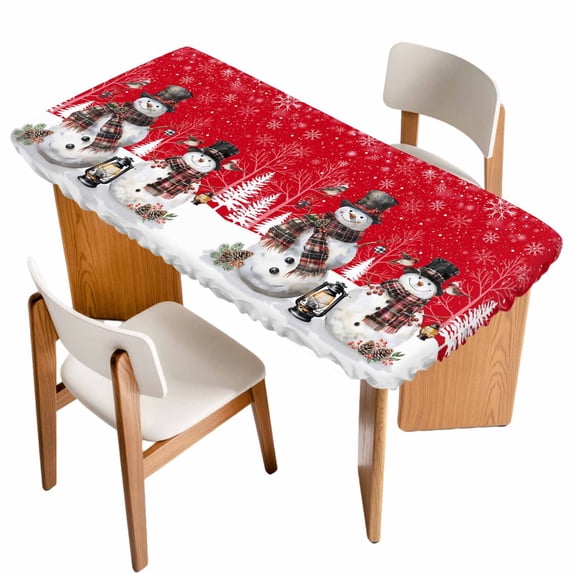 Red Christmas Table Cloths for 6 Foot Rectangle Tables, Snowman Snowflake Winter Birds Patio Waterproof Elastic Fitted Tablecloths, Washable Rectangular Table Cover for Camping