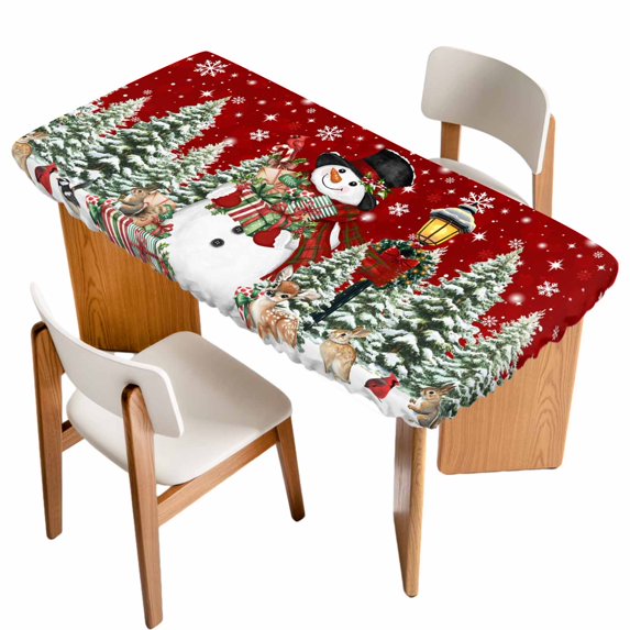 Red Christmas Table Cloths for 6 Foot Rectangle Tables, Snowman Xmas Snowflake Botanical Tree Patio Waterproof Elastic Fitted Tablecloths, Washable Rectangular Table Cover for Camping