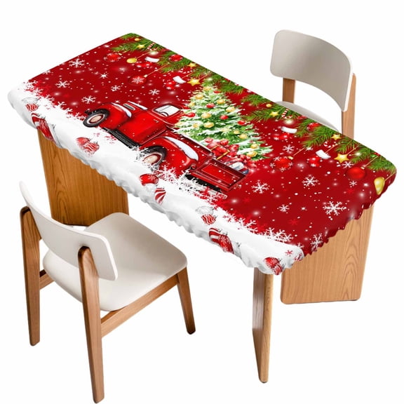 Red Christmas Table Cloths for 6 Foot Rectangle Tables, Truck Pine Trees Branches Balls Snowflakes Patio Waterproof Elastic Fitted Tablecloths, Washable Rectangular Table Cover for Camping