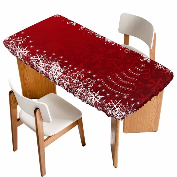 Red Christmas Table Cloths for 6 Foot Rectangle Tables, Xmas Snowflake Tree Vintage Patio Waterproof Elastic Fitted Tablecloths, Washable Rectangular Table Cover for Camping