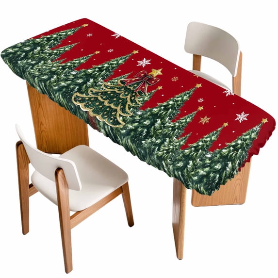 Red Christmas Table Cloths for 8 Foot Rectangle Tables, Snowflake Xmas Christmas Tree Patio Waterproof Elastic Fitted Tablecloths, Washable Rectangular Table Cover for Camping