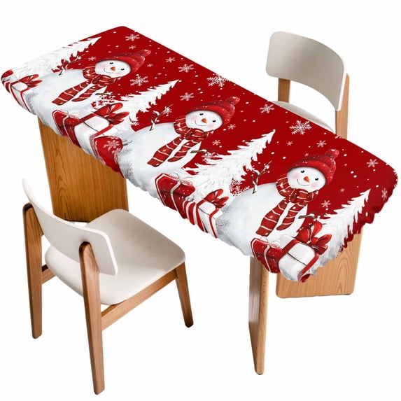 Red Christmas Table Cloths for 8 Foot Rectangle Tables, Snowman Gifts Xmas Tree Winter Snowflake Patio Waterproof Elastic Fitted Tablecloths, Washable Rectangular Table Cover for Camping