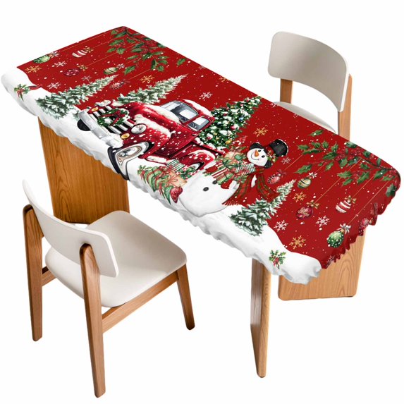 Red Christmas Table Cloths for 8 Foot Rectangle Tables, Snowman Truck Xmas Tree Ball Snowflake Winter Patio Waterproof Elastic Fitted Tablecloths, Washable Rectangular Table Cover for Camping