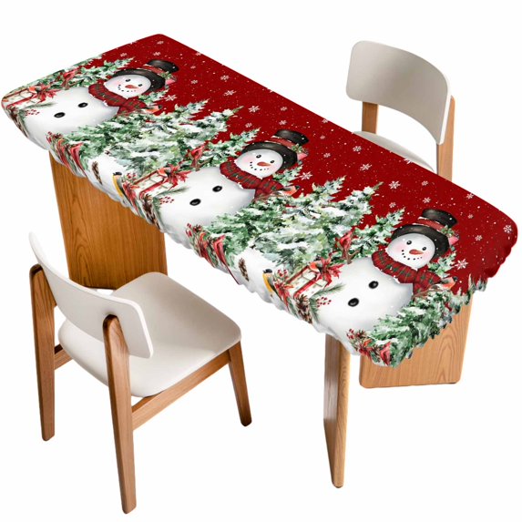 Red Christmas Table Cloths for 8 Foot Rectangle Tables, Xmas Snowman Trees Watercolor Snowflakes Patio Waterproof Elastic Fitted Tablecloths, Washable Rectangular Table Cover for Camping