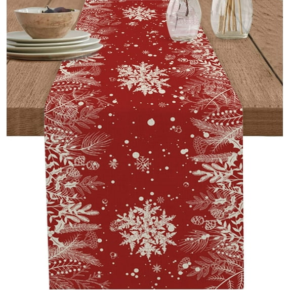 Red Christmas Table Runner 36 Inches Long for Dining Table Decor, Cotton Linen Winter Snowflake Table Runner Washable Dresser Scarf for Kitchen Christmas Holiday Seasonal Leaves Pine Cones