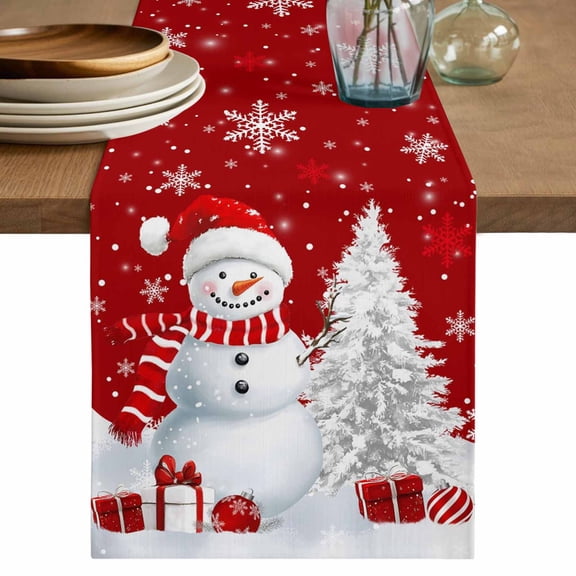 Red Christmas Table Runner 36 Inches, Snowman Snowflake Gifts Xmas Tree Bed Runner Dresser Scarves Tabletop for Indoor Outdoor Parties/Ceremony/Banquet, 13"x 36"