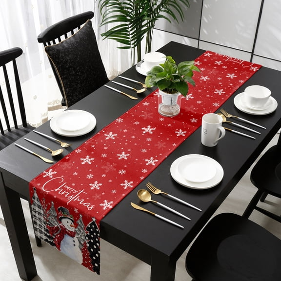 Red Christmas Table Runner 48 Inches Long - Xmas Snowman Snowflake Tree Black Grey Kitchen Dining Burlap Linen Tablerunner for Small/Round/Square/Wedding/Coffee/Dining Table Party Home Décor 13 x 48