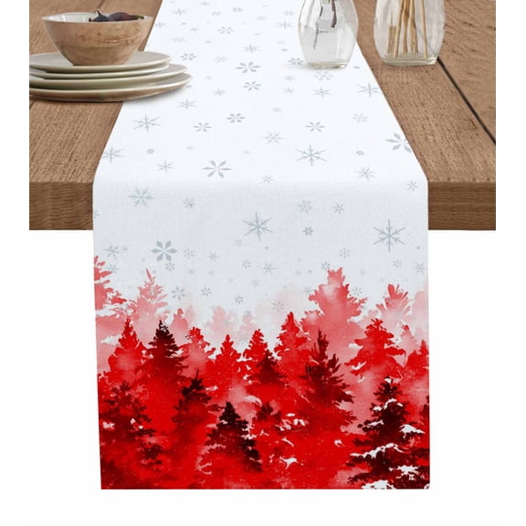 Red Christmas Table Runner 48 Inches, Winter Snowflake Abstract Forest Tree Bed Runner Dresser Scarves Tabletop for Indoor Outdoor Parties/Ceremony/Banquet, 13" x 48"