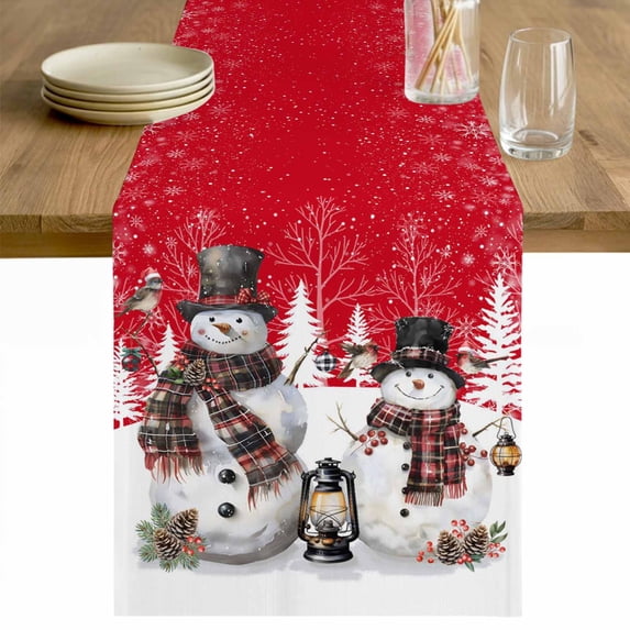 Red Christmas Table Runner 70 Inches Long Farmhouse Dress Scarves, Snowman Snowflake Winter Birds Dining Tablerunner for Coffee Table/Kitchen Island/Party Décor, 13" x 70"