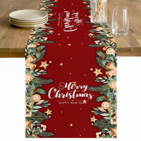 Red Christmas Table Runner 70 Inches Long Farmhouse Dress Scarves, Xmas Botanical Ball Bell Dining Tablerunner for Coffee Table/Kitchen Island/Party Décor, 13" x 70"