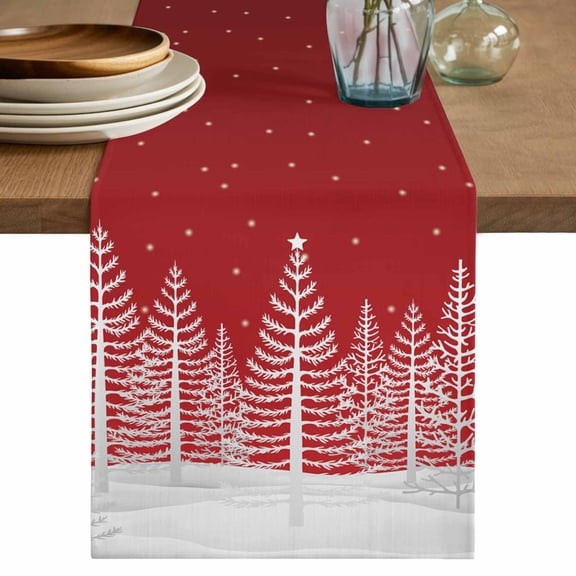 Red Christmas Table Runner 72 Inches, Xmas Birch Pine Tree Snow Winter Bed Runner Dresser Scarves Tabletop for Indoor Outdoor Parties/Ceremony/Banquet, 13" x 72"