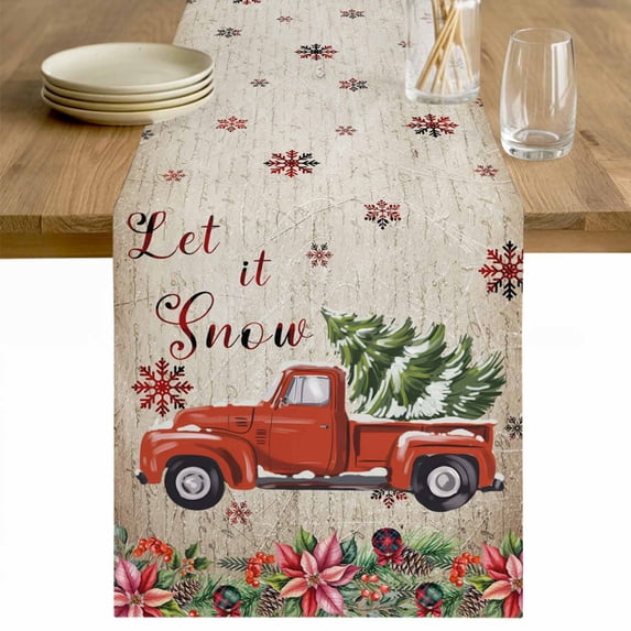 Red Christmas Table Runner 90 Inches Long Farmhouse Dress Scarves, Truck Xmas Tree Snowflake Winter Vintage Dining Tablerunner for Coffee Table/Kitchen Island/Party Décor, 13" x 90"
