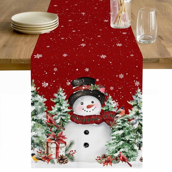 Red Christmas Table Runner 90 Inches Long Farmhouse Dress Scarves, Xmas Snowman Trees Watercolor Snowflakes Dining Tablerunner for Coffee Table/Kitchen Island/Party Décor, 13" x 90"