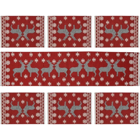 Red Christmas Table Runner & Placemats Set, Reindeer & Snowflake Design, Festive Winter Xmas Table Decor for Holiday Parties (Runner 13x54" + Mats 13x18")