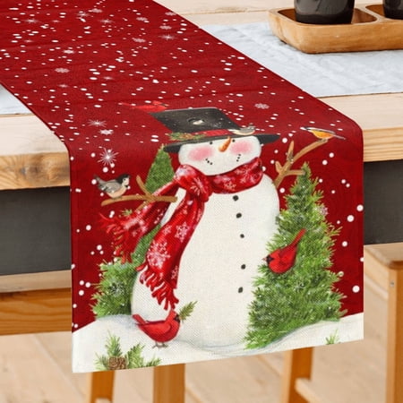 Red Christmas Table Runner Snowman Rustic Farmhouse Kitchen Dining Table Decoration for Home Holiday Party Decor 13 x 72 In