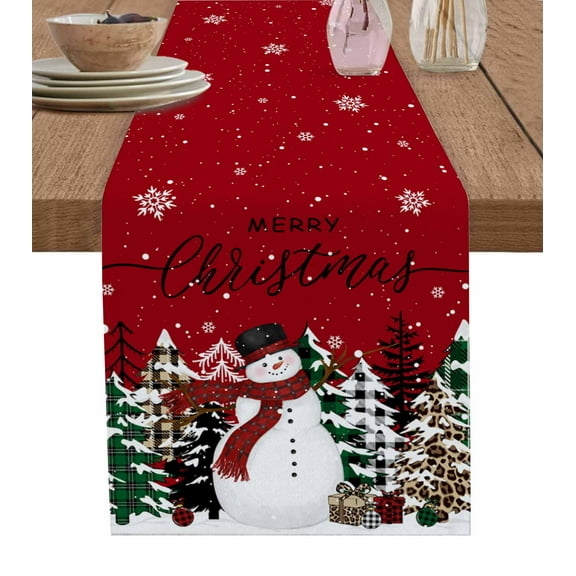 Red Christmas Table Runner Snowman Snowflake Xmas Tree Tablerunners 13 x 48 Inch, Table Decorations Tabletop Scarf for Summer Gathering Holiday Farmhouse Kitchen Dining Decor