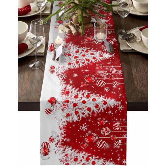 Red Christmas Table Runner, White Xmas Tree Snowflakes Red Balls Cotton Linen Tablecloth Holiday Farmhouse Table Decor for Home,Kitchen,Dining Room,Indoor,Outdoor,Small 13X36 Inches Winter