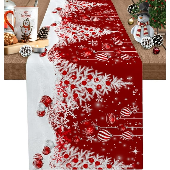Red Christmas Table Runner, White Xmas Tree Snowflakes Red Balls Cotton Linen Tablecloth Holiday Farmhouse Table Decor for Home,Kitchen,Dining Room,Indoor,Outdoor,13X90 Inches Long, Winter