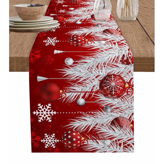 Red Christmas Table Runner Xmas Balls Snowflake Silver Pine Needles Tablerunners 13 x 36 Inch, Table Decorations Tabletop Scarf for Summer Gathering Holiday Farmhouse Kitchen Dining Decor