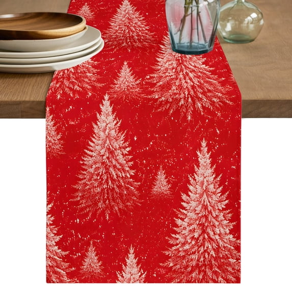 Red Christmas Table Runner, Xmas Tree Botanical Forest Winter Washable ...