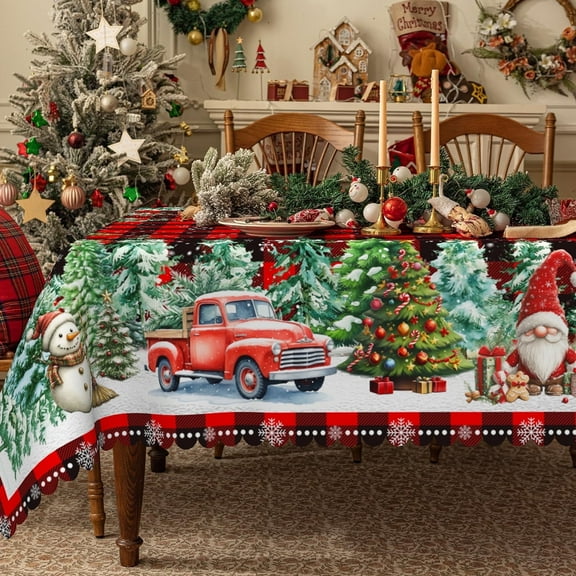 Red Christmas Tablecloth,Gnomes Pine Tree in Plaided Table Cloth,Checkered Table Cover for Dining Kitchen Decor Party,54x72