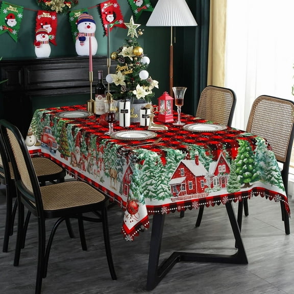 Red Christmas Tablecloth,Gnomes Pine Tree in Plaided Table Cloth,Checkered Table Cover for Dining Kitchen Decor Party,60x84