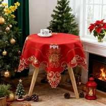Red Christmas Tablecloth Round 31 Inch Holiday Dining Table Cover with Bell and Candle Pattern Festive Washable Polyester Fabric for Party Decor Spill Resistant