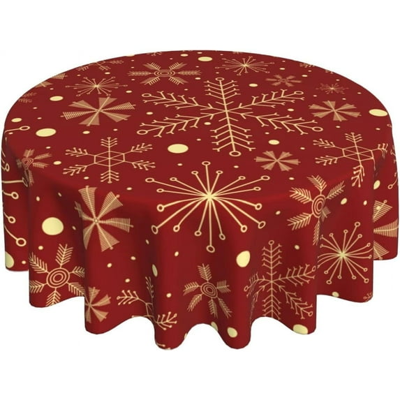 Red Christmas Tablecloth Round 60 Inch Gold Snowflake Xmas Washable Wrinkle Stain-Resistant Polyester Table Cloth Farmhouse Rustic Indoor Winter Decorations for Home Kitchen Dinning Party Holiday