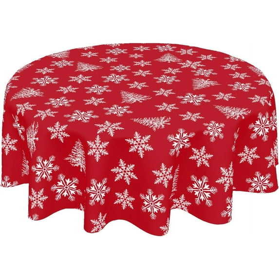 Red Christmas Tablecloth Round 60 Inch Merry Christmas Snowflakes Decoration Table Cloth Washable Farmhouse Fabric Winter Table Cover for Dining Kitchen Holiday Party Picnic Indoor Outdoor Home Decor