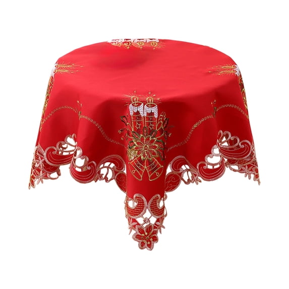 Red Christmas Tablecloth, Round Polyester Tablecloth, Festive Candle Pattern Holiday Table Cover, Durable High-Density Fabric, 80x80cm, Dust-Resistant, Bright Vibrant Color
