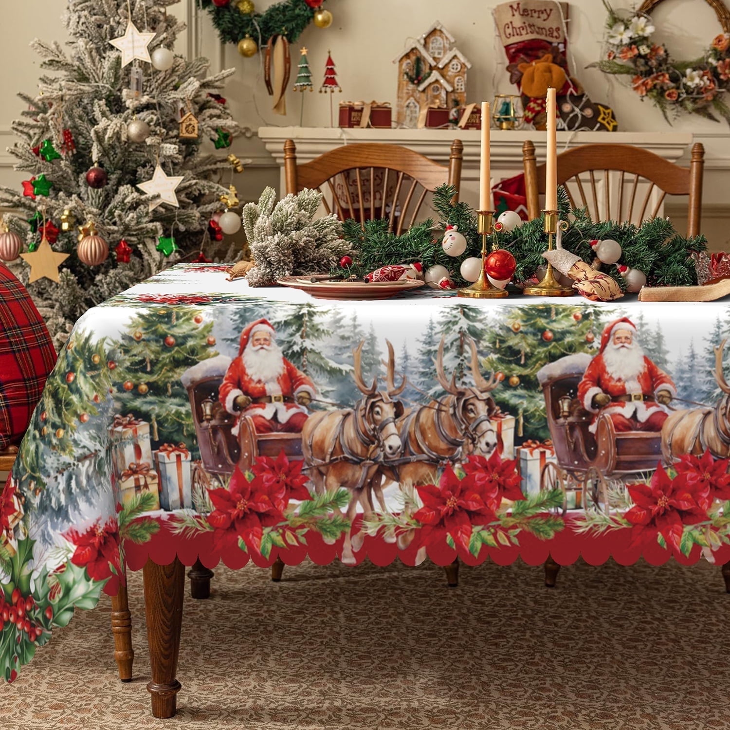 Red Car Pine Tree Sleigh Repeat Christmas Tablecloth main image 1