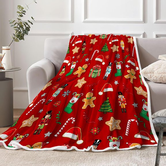 Red Christmas Throw Blanket for Couch, Colorful Warm Xmas Fleece Blankets with Gingerbread Man Pattern, Cozy Cookies Bells Snowflake Candy Cane Berry Holiday Christmas Hat Flannel Blanket for Winter