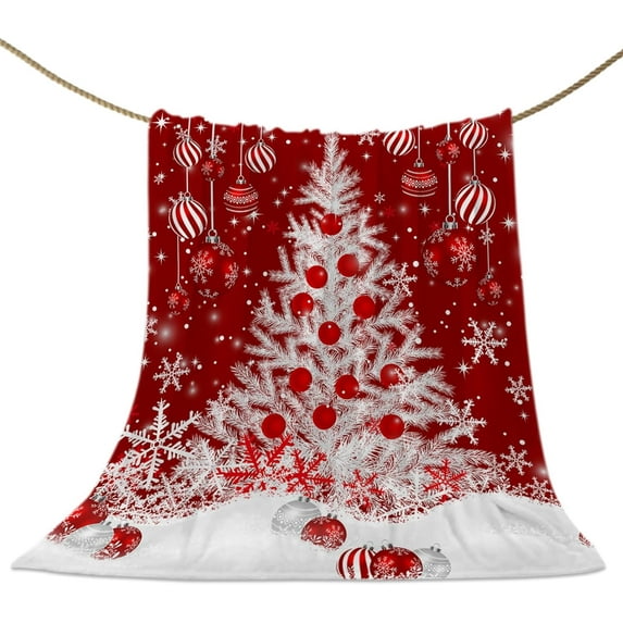 Red Christmas Throw Blankets, White Xmas Tree Snowflakes Red Balls Soft Fleece Blanket Decorative for Home Sofa Couch Chair Living Bedroom,50x60 inches, Winter